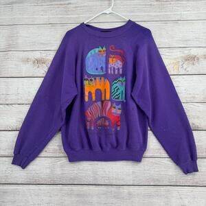Vintage 90s Laurel Burch Fantastic Felines Cat Sweatshirt Womens XL Purple USA